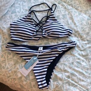 Blue and white striped bikini